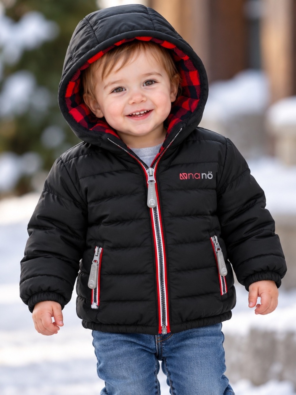Nanö Infant Puffer Jacket – Black w/ Buffalo Plaid Lined Hood – 18 Months